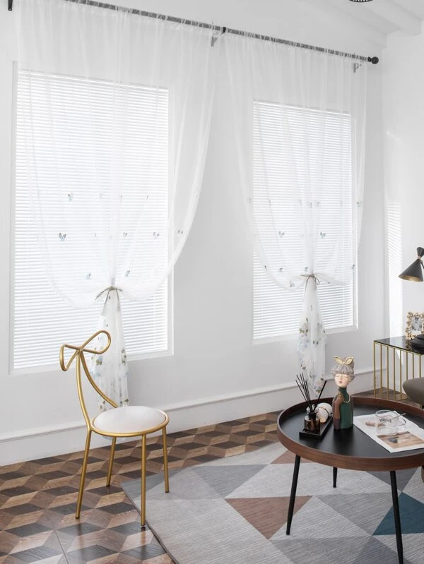 ผ้าม่านโปร่งบานเดี่ยวลายปักดอกไม้  ผ122