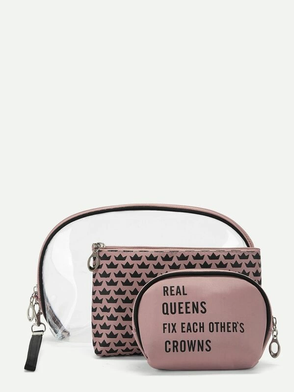 กระเป๋าแต่งหน้าลาย Letter & Crown 3 แพ็ค   ค-31