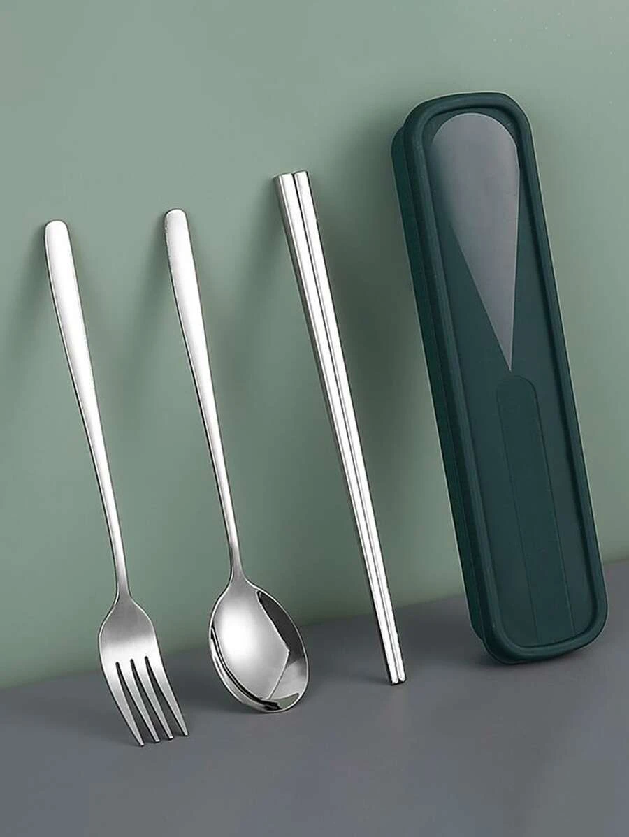3 ชิ้น ชุดช้อนส้อม สแตนเลส & 1 ชิ้น กล่องเก็บของ hh-39