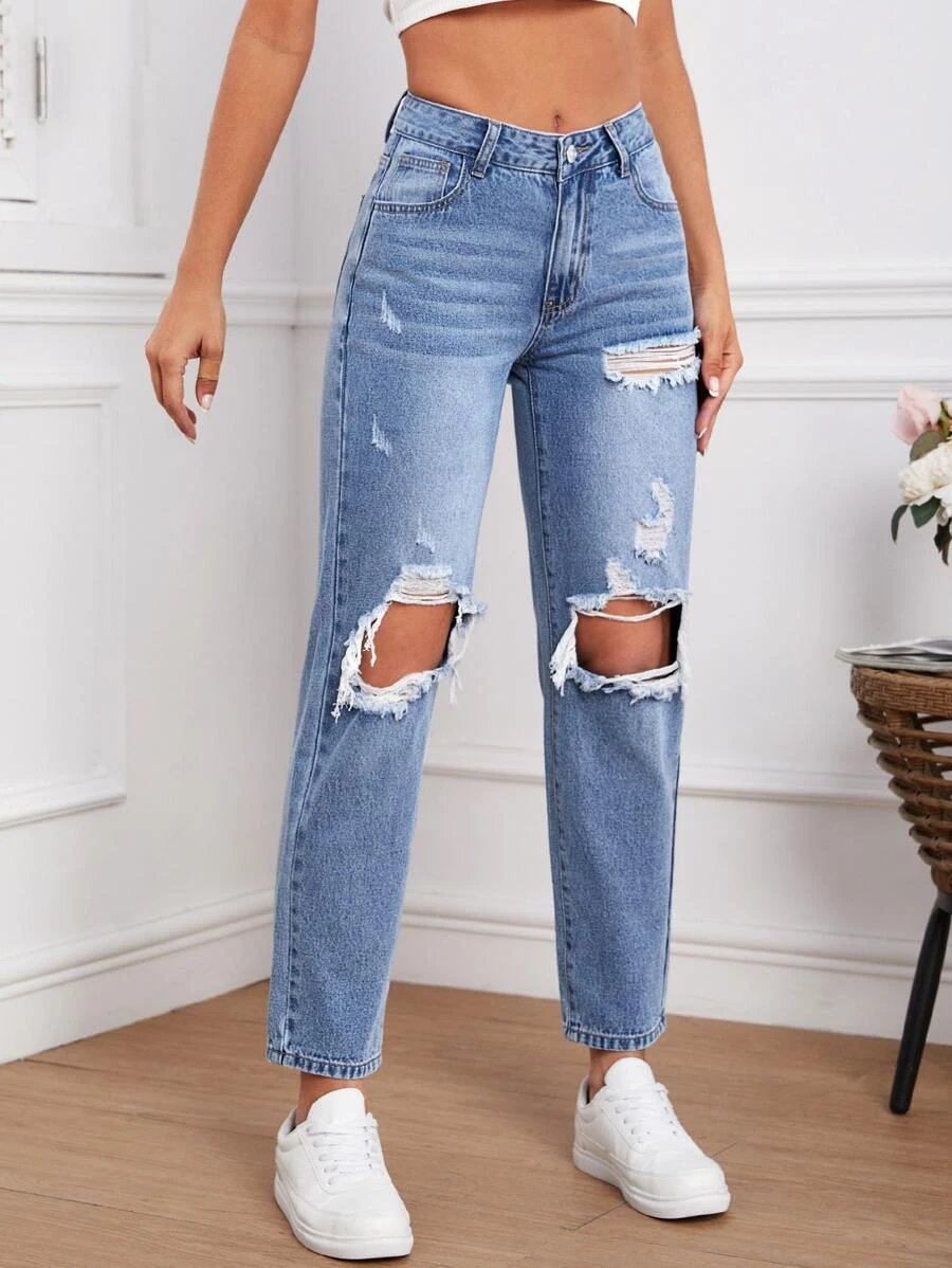 กางเกงยีนส์ แต่งขาด คัตเอาท์ ปลายรุ่ย  ee-94