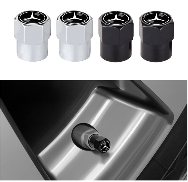 GX186-ฝาครอบวาล์วล้อรถยนต์ แกนหกเหลี่ยม อลูมิเนียม สีดํา สีเงิน สําหรับ Mercedes Benz จํานวน 4 ชิ้น ต่อชุด