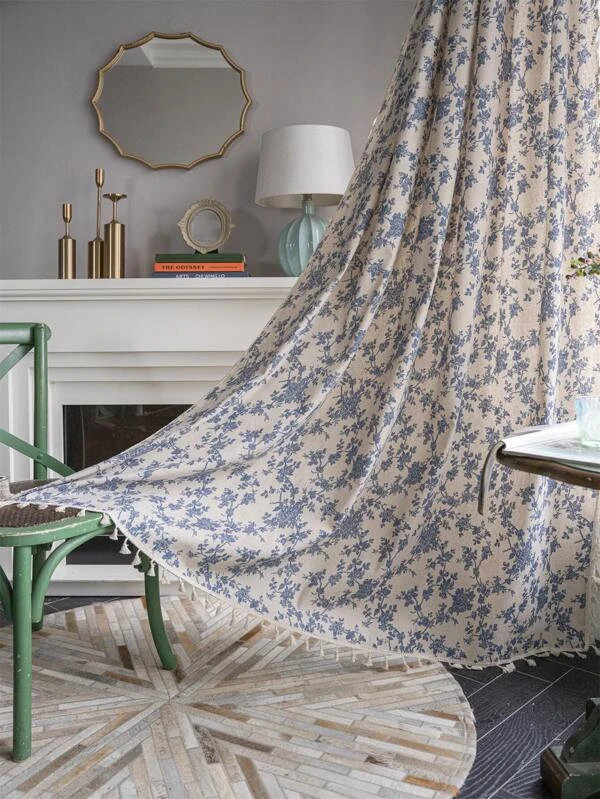 ผ้าม่านเดี่ยว ลาย ดอกไม้ ตกแต่ง พู่  018