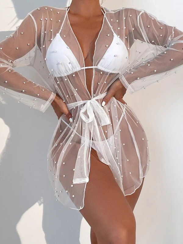 กิโมโน ลูกปัด ไข่มุก รายละเอียด ตาข่ายโปร่งแสง แต่งเข็มขัด mm-59