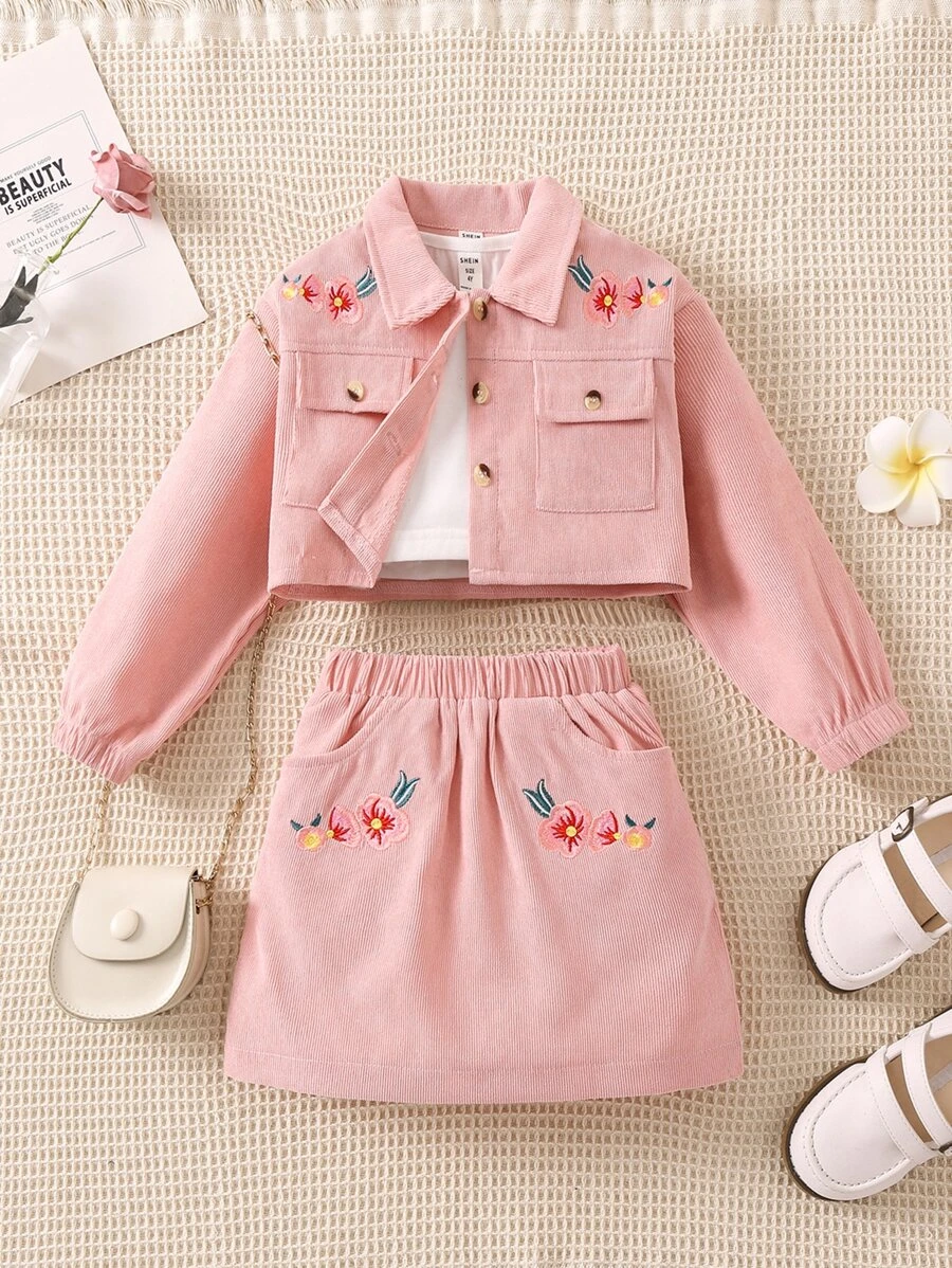 แจ็กเกต เด็กเล็กผู้หญิง ปักลายดอกไม้ มีกระเป๋า และ กระโปรง และ เสื้อกล้าม a-93