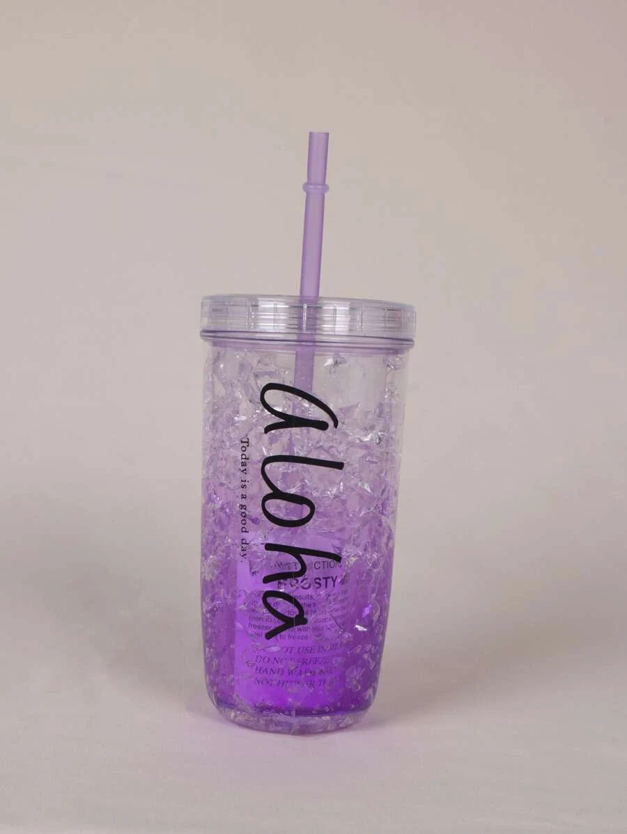 ถ้วยเก็บความเย็น 1 ชิ้น แก้วเก็บความเย็น พร้อมหลอด สร้างสรรค์ สีม่วง ลายตัวอักษร สำหรับ กลางแจ้ง  pp-44