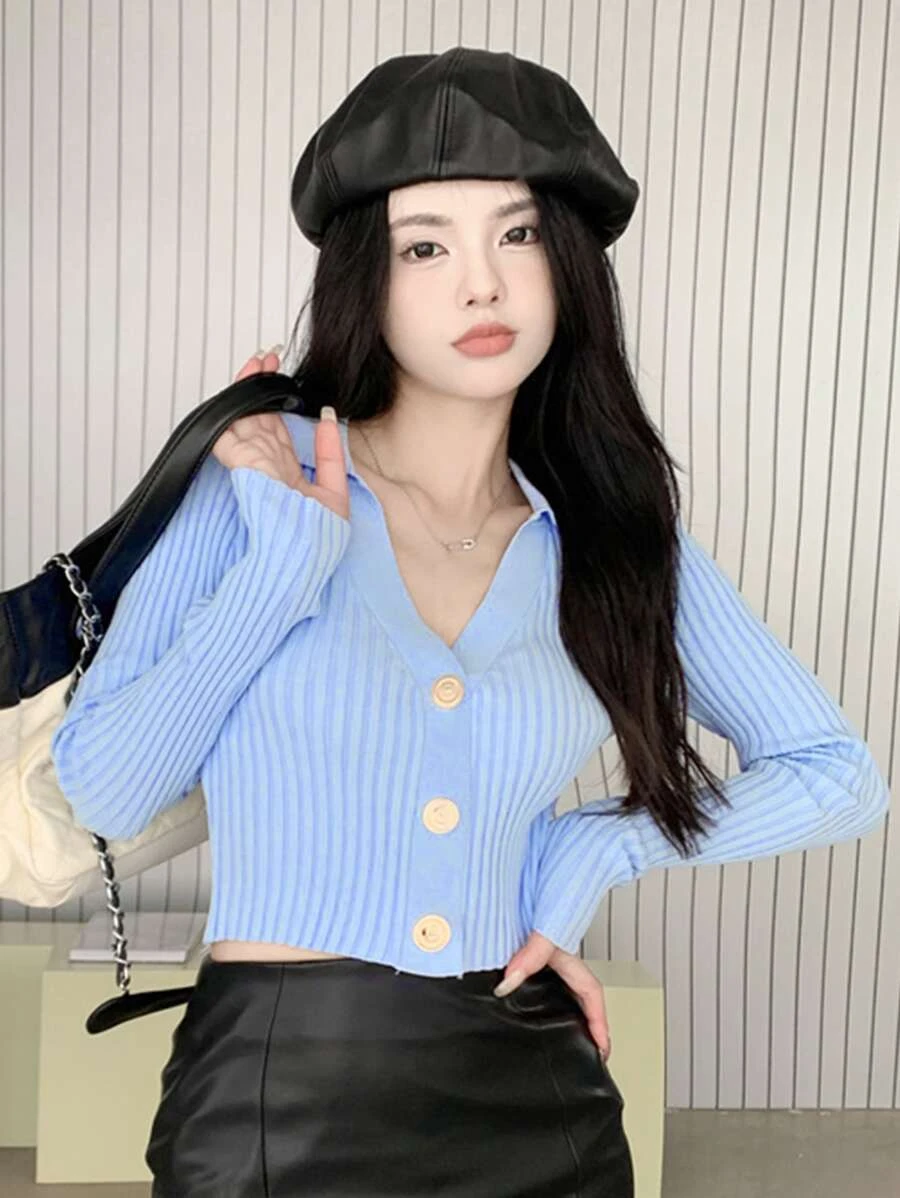 เสื้อคาร์ดิแกน ครอป สีพื้น กระดุมแถวหน้า i-65