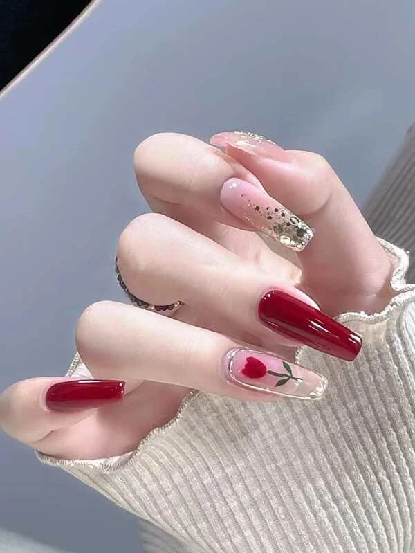 24 ชิ้น ยาว คอฟฟิน ลาย ดอกไม้ เล็บปลอม & ตะไบเล็บ 1 ชิ้น & 1 แผ่น เล็บ แถบสาย c-42