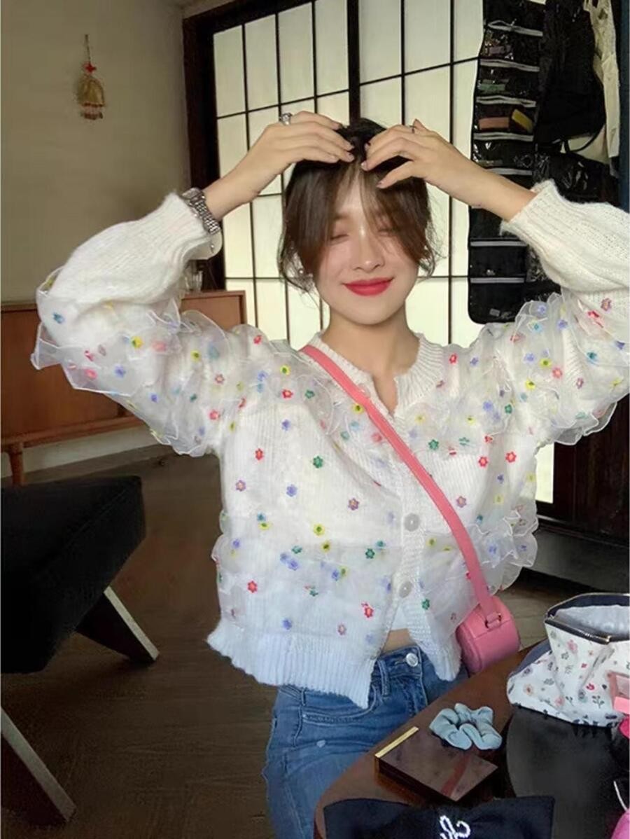 คาร์ดิแกน ปัก ดอกไม้ กระดุมด้านหน้า  i-30