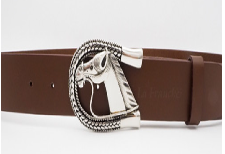 MAN54-ชุดเข็มขัดแฟชั่นหนังวัวแท้สีน้ำตาลพร้อมหัวเข็มขัดม้าแสตนเลส