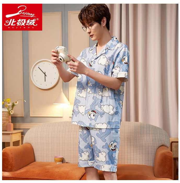 MA61>ชุดนอนผู้ชาย✟อาร์กติกชุดนอนกำมะหยี่ผู้ชายฤดูร้อนแขนสั้นกางเกงขาสั้นผ้าฝ้ายสดนักเรียนน่ารักบางฤดูร้อนบริการบ้าน suit
