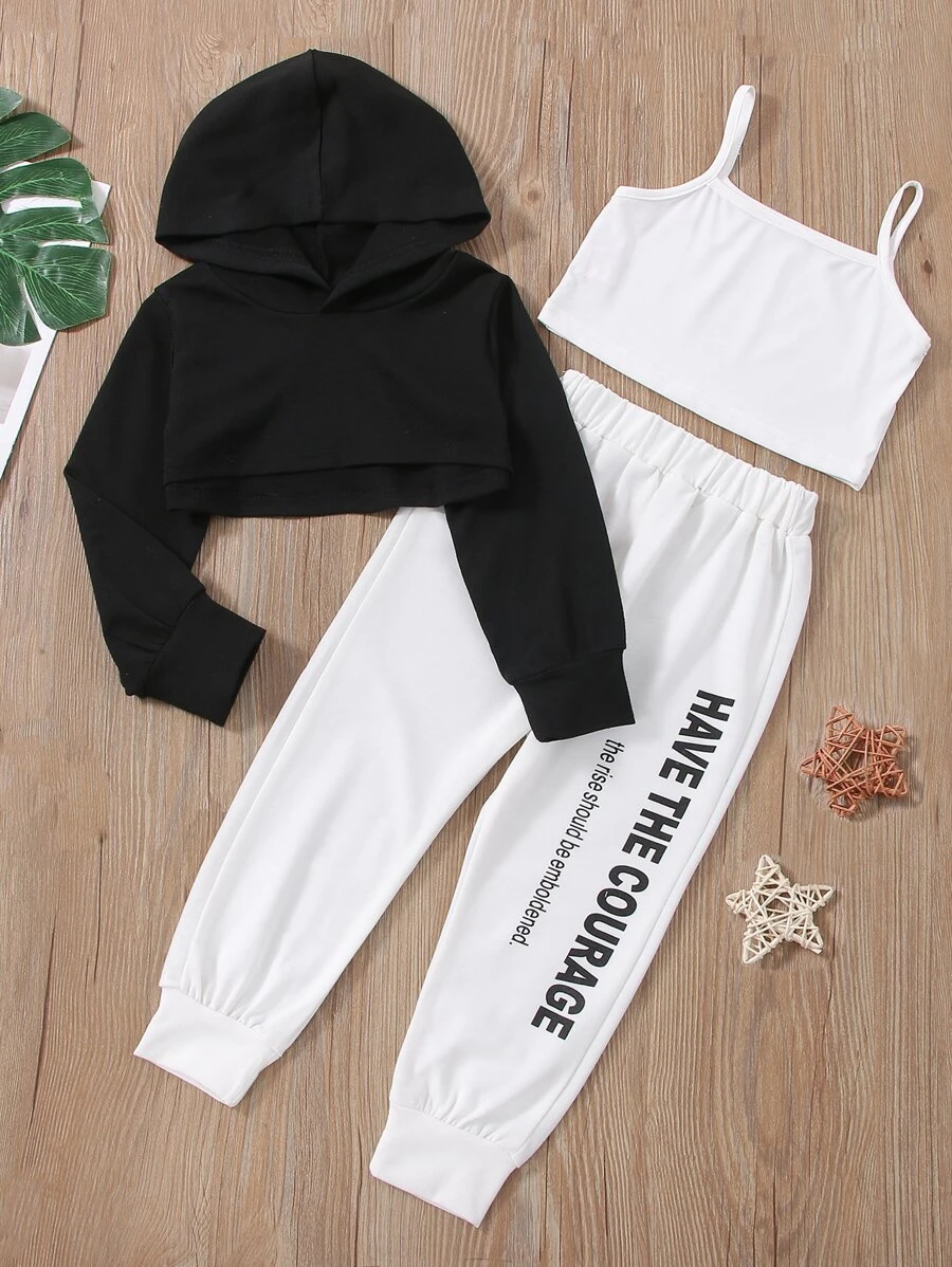 เด็กผู้หญิง ฮู้ดดี้ & พิมพ์ สโลแกน กางเกงวอร์ม และ เสื้อท็อปสายเดี่ยว a-67