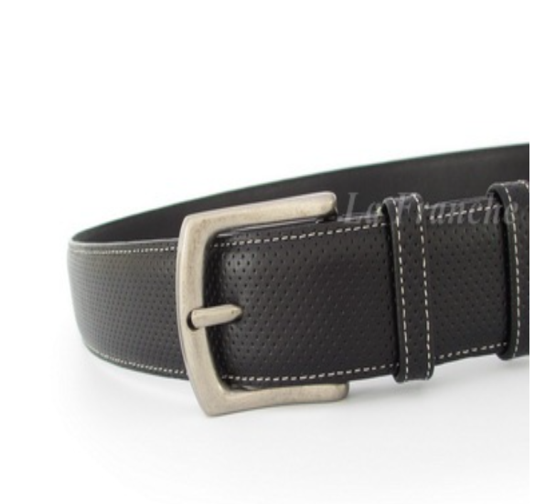 MAN79-เข็มขัดหนังวัวแท้ ลาย Perforated ดำ ด้ายขาว พร้อมหัวเข็มขัดนิกเกิ้ลแอนติค