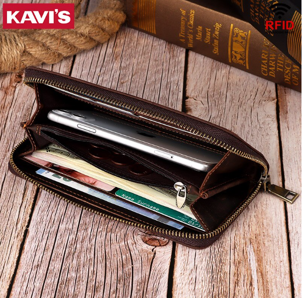 RAY85-KAVIS หนังแท้ RFID บล็อกกระเป๋าสตางค์ซิปวินเทจกระเป๋าเงินเหรียญชายยาวกระเป๋าสตางค์ผู้ชายผู้ถือบัตรกระเป๋าสตางค์
