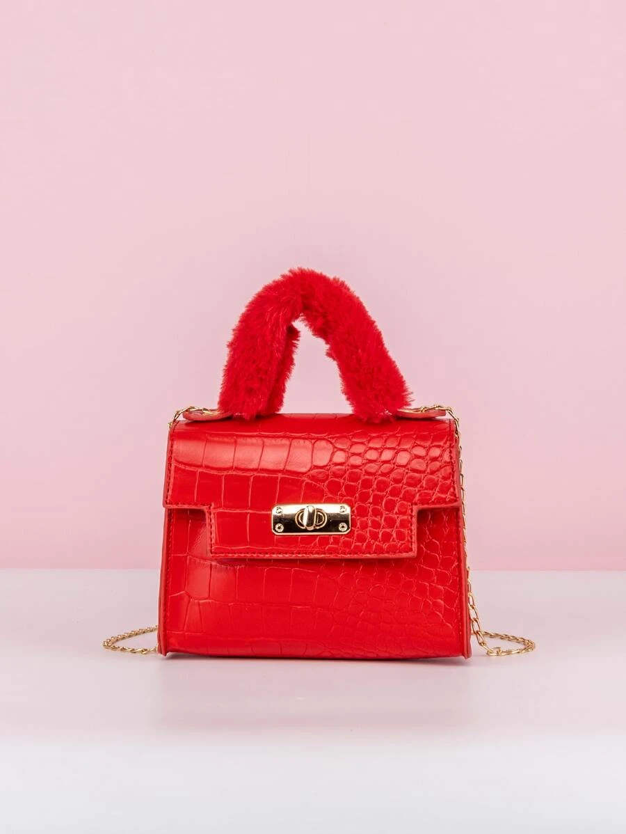 กระเป๋าสี่เหลี่ยม มินิ นีออนแดง ลายนูนจระเข้ Flap โซ่v-68