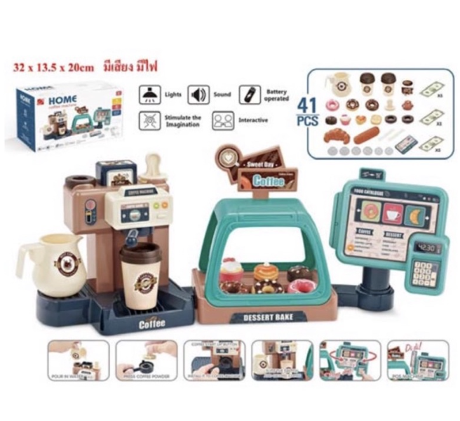 MM49-ชุดร้านกาแฟ และขนมหวาน พร้อมเครื่องคิดเงิน รูดบัตรมีเสียงมีไฟ สมจริง