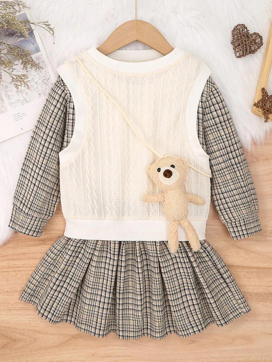 เด็กผู้หญิง ลายสก็อต 2 in 1 เสื้อสเวตเตอร์ & กระโปรง & ตุ๊กตา a-42
