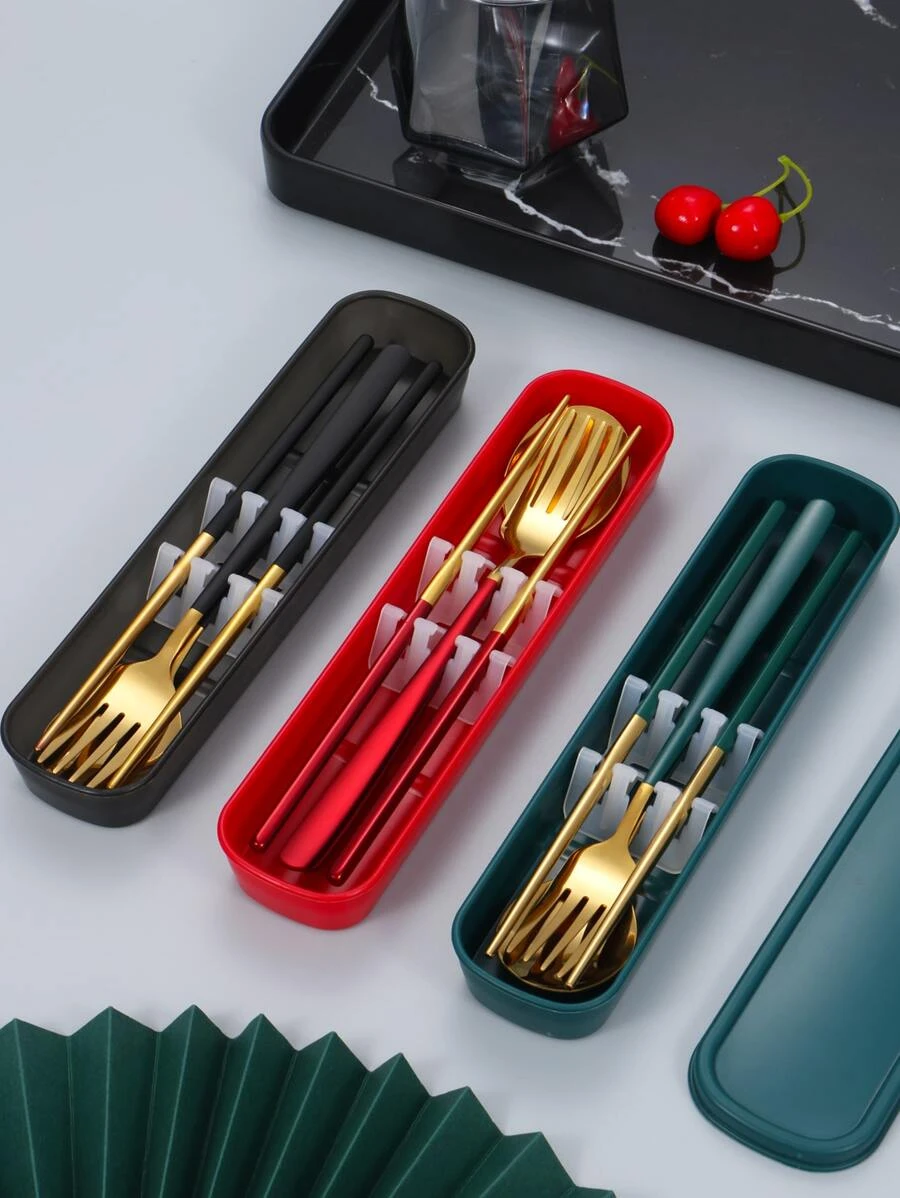 ชุดช้อนส้อมตะเกียบ ช้อนส้อมสแตนเลส แบบพกพา สามชิ้น hh-3