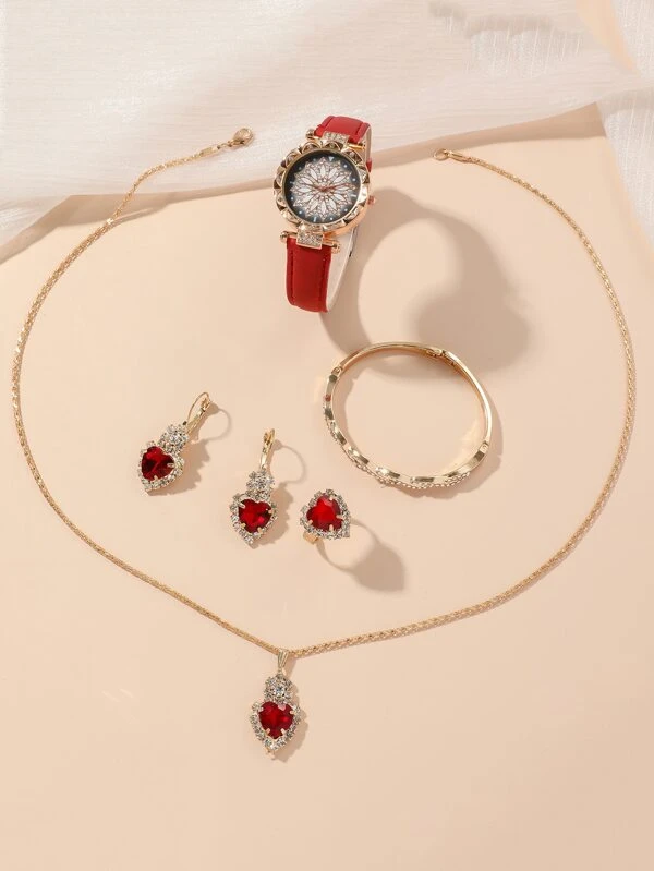 1 ชิ้น ตกแต่ง พลอยเทียม นาฬิกาควอตซ์ & 5 ชิ้น ชุดเครื่องประดับ  น-0199