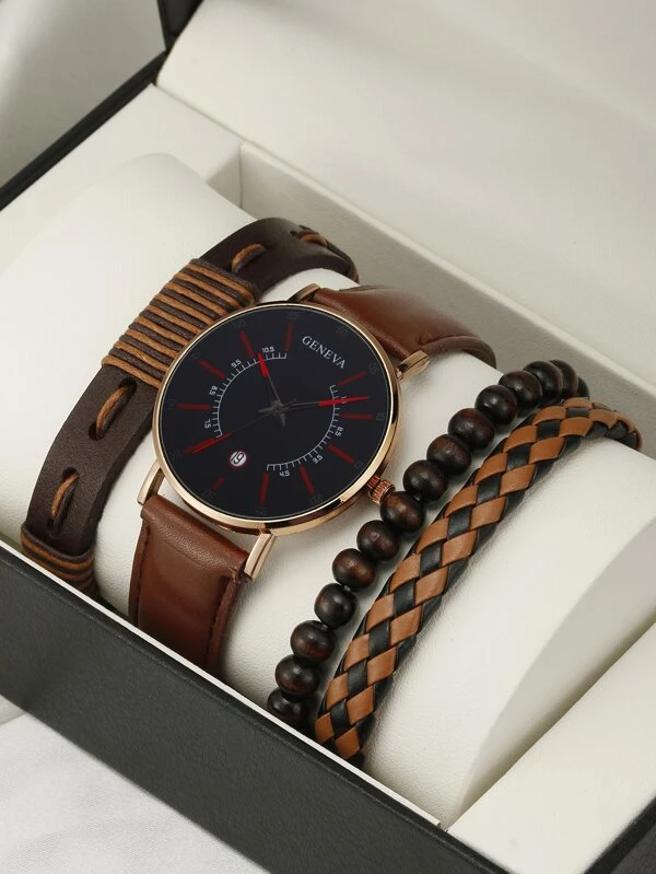 นาฬิกาข้อมือ เครื่องควอตซ์ 1 ชิ้น ผู้ชาย สไตล์มินิมอล หน้าปัดกลม และ สร้อยคอ 3 ชิ้น  น-0159