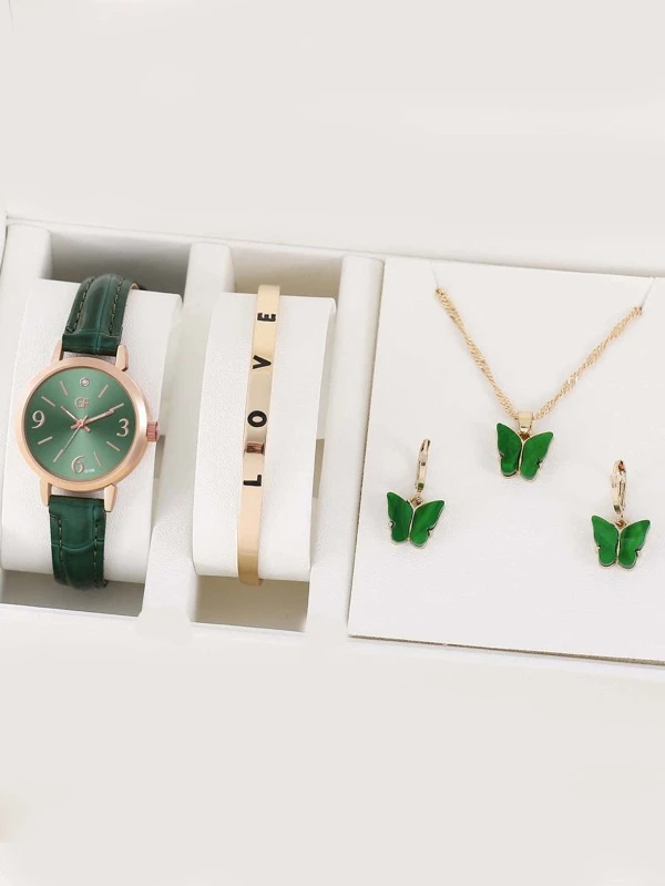 1 ชิ้น นาฬิกาควอทซ์ ตัวชี้ แบบกลม & 4 ชิ้น ชุดเครื่องประดับ