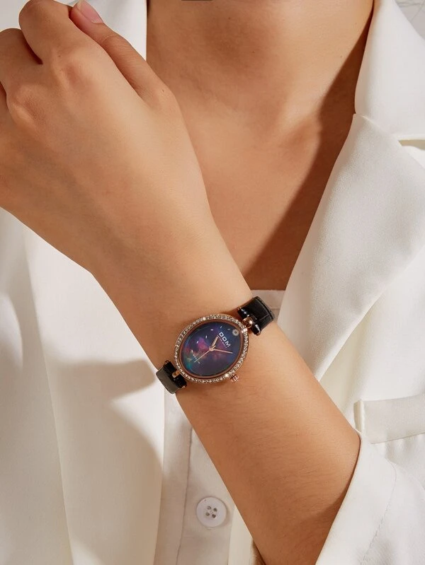 นาฬิกาควอตซ์ ตัวชี้ หน้าปัดทรงถังไวน์ ตกแต่ง พลอยเทียม  น-107