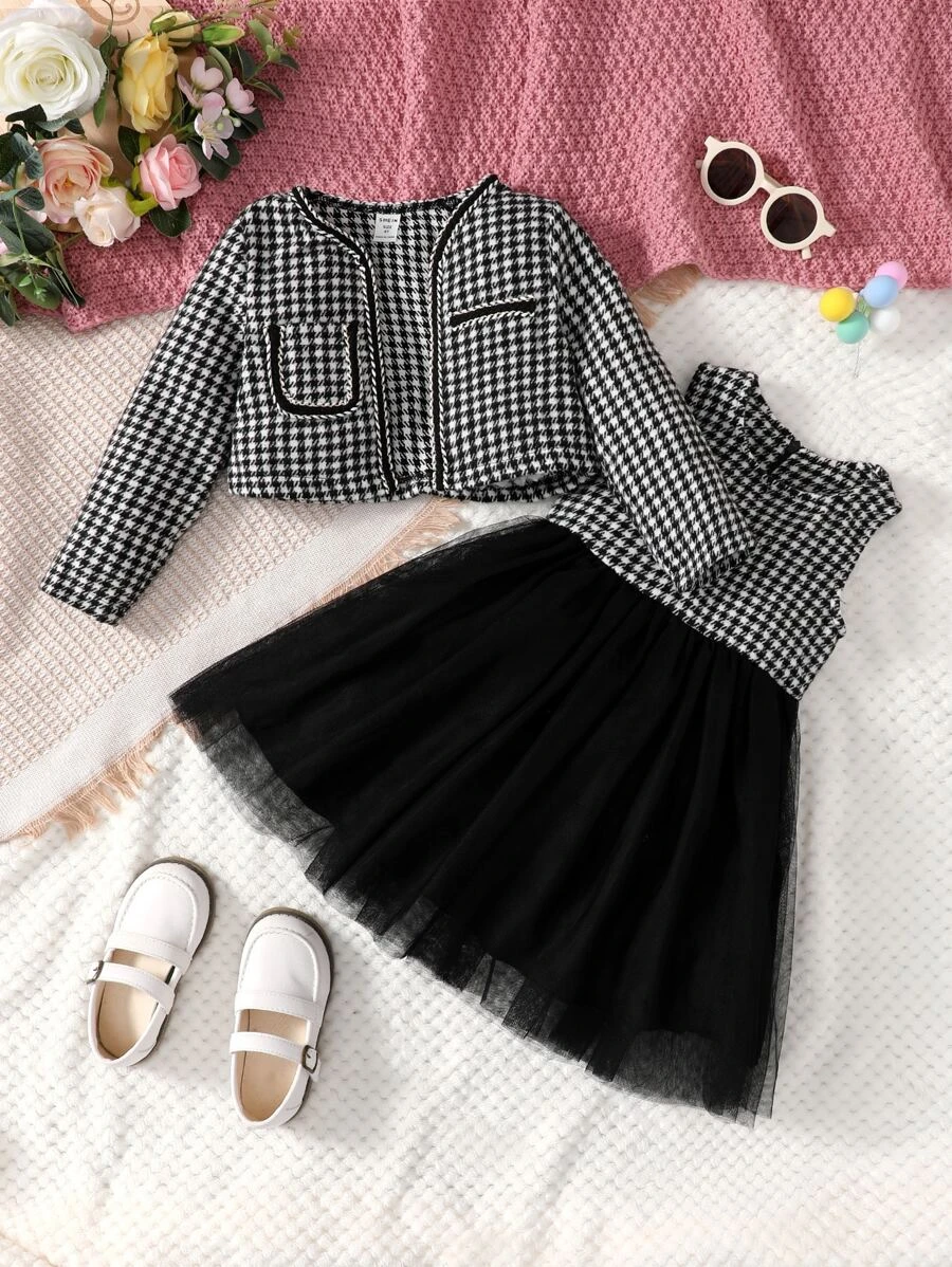 เด็กผู้หญิง พิมพ์ ฮาวด์สทูธ แจ็คเก็ต & ขอบตาข่าย เดรส a-12