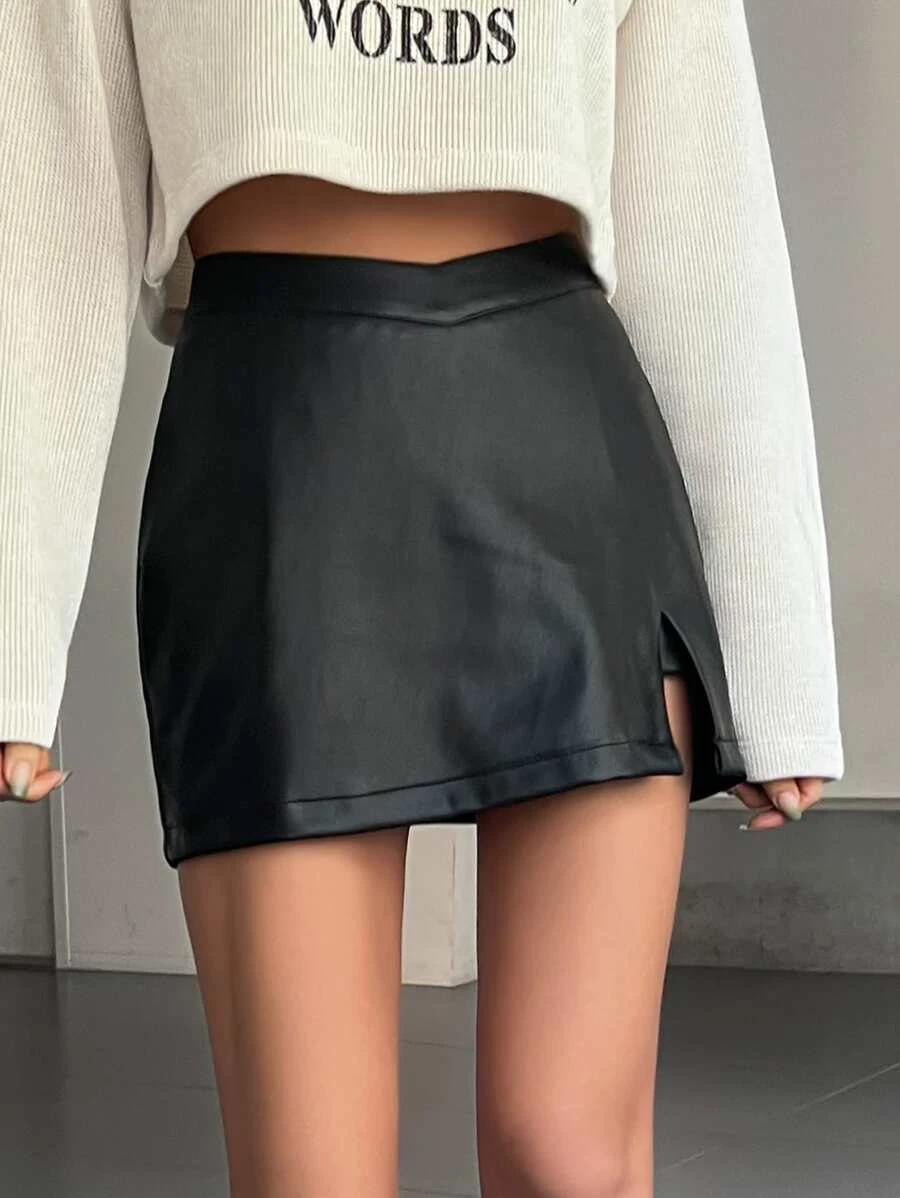 DAZY กระโปรง ผ่าชายเสื้อ หนัง PU jj-58