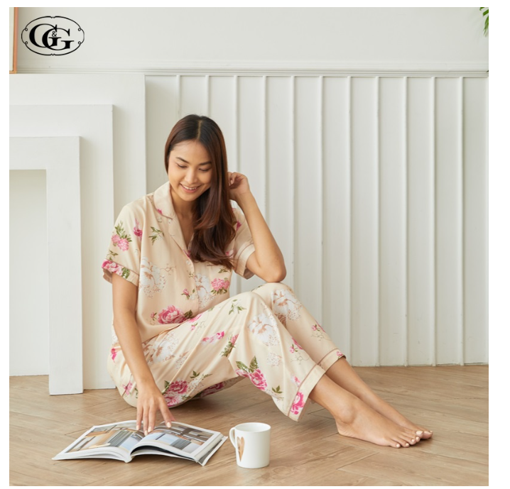 GG55>G&G Nightwear รุ่น EN6P05 ชุดนอนเสื้อแขนสั้นคอปก + กางเกงขายาว สี CR ชุดนอน Spun Rayon