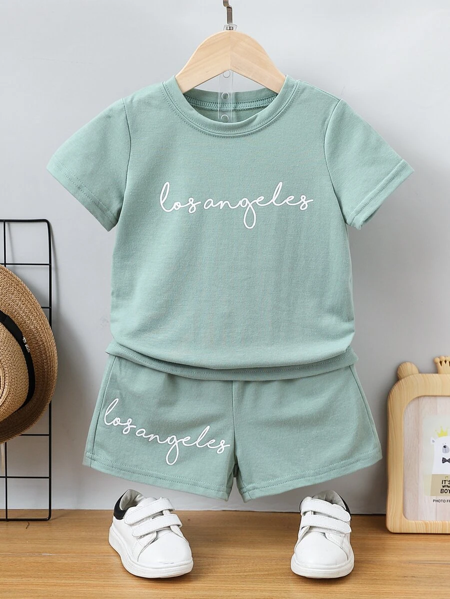 เด็กผู้ชาย เสื้อยืด พิมพ์ ตัวอักษร & กางเกงขาสั้น b-44
