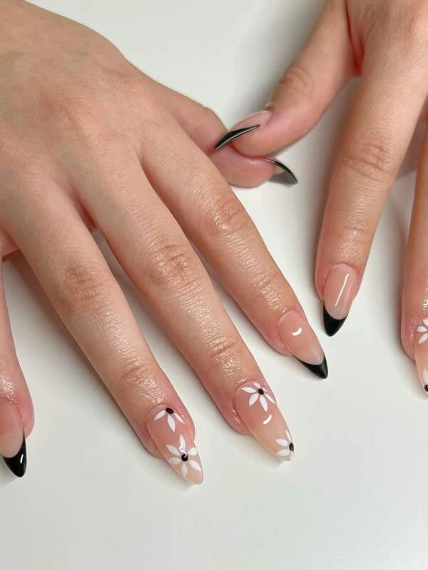 เล็บปลอม ยาว อัลมอนด์ ลาย ดอกไม้ 24 ชิ้น & เทปกาว 1 แผ่น & ตะไบเล็บ 1 ชิ้น  ค-59