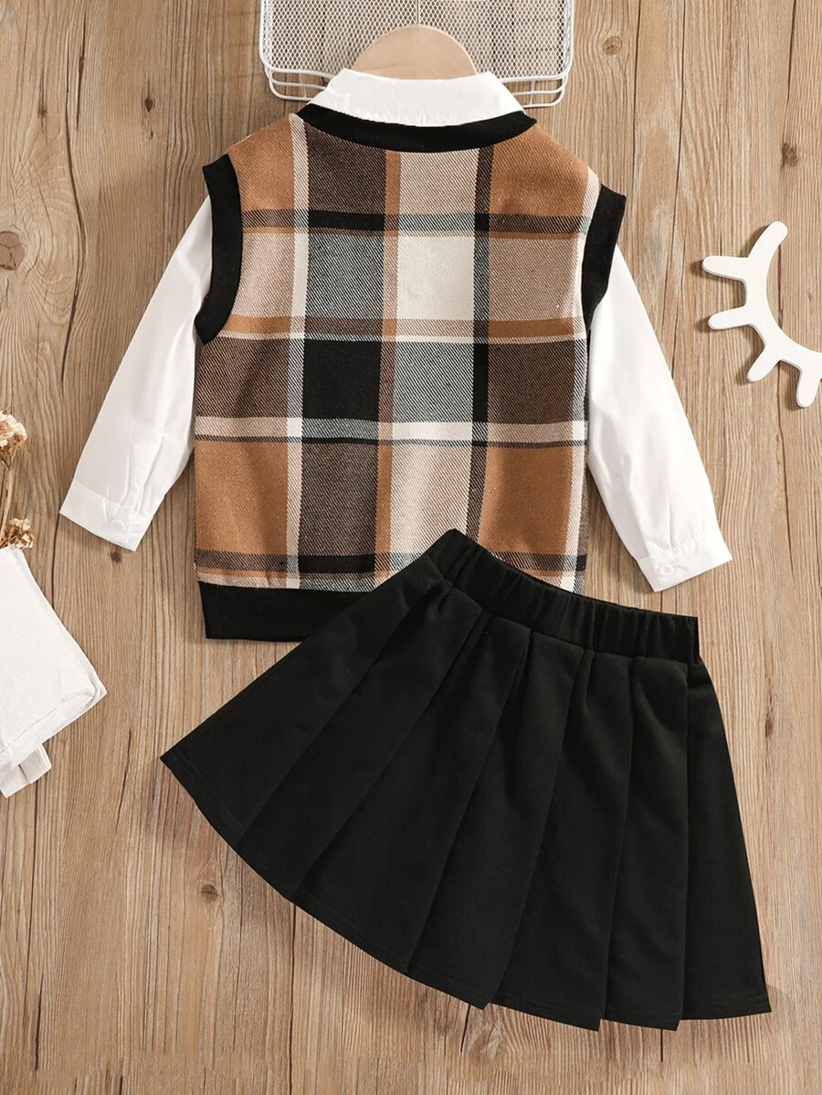 เด็กผู้หญิงวัยหัดเดิน 1 ชิ้น ลายสก็อต เสื้อคอวี เสื้อกล้าม & 1 ชิ้น เสื้อผู้หญิง a-44
