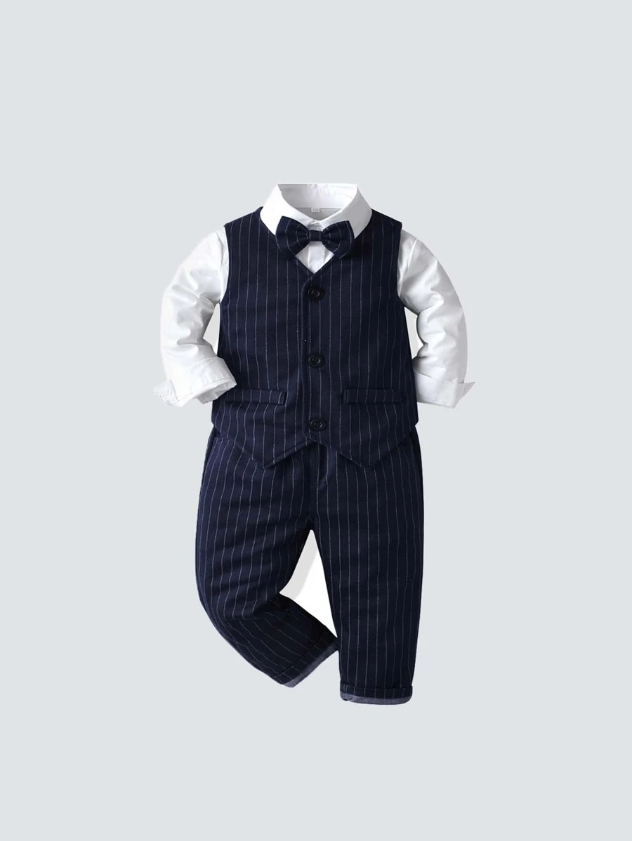 เด็กผู้ชายวัยหัดเดิน 3 แพ็ค ลายแถบ เสื้อกั๊ก & ผูก เสื้อเชิ้ต & กางเกงขายาว b-7