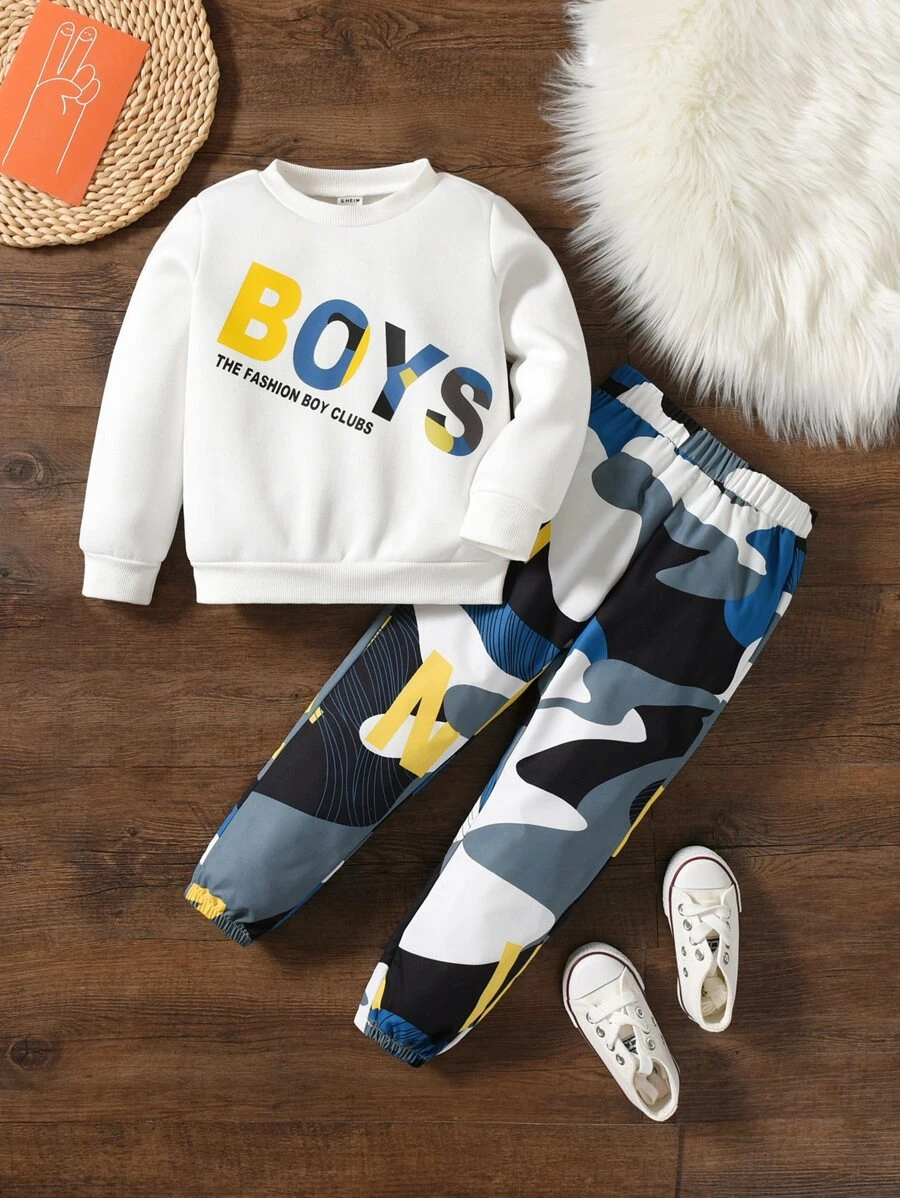 เด็กผู้ชาย พิมพ์ สโลแกน เสื้อสวมหัว & ลายพราง กางเกงวอร์ม b-24