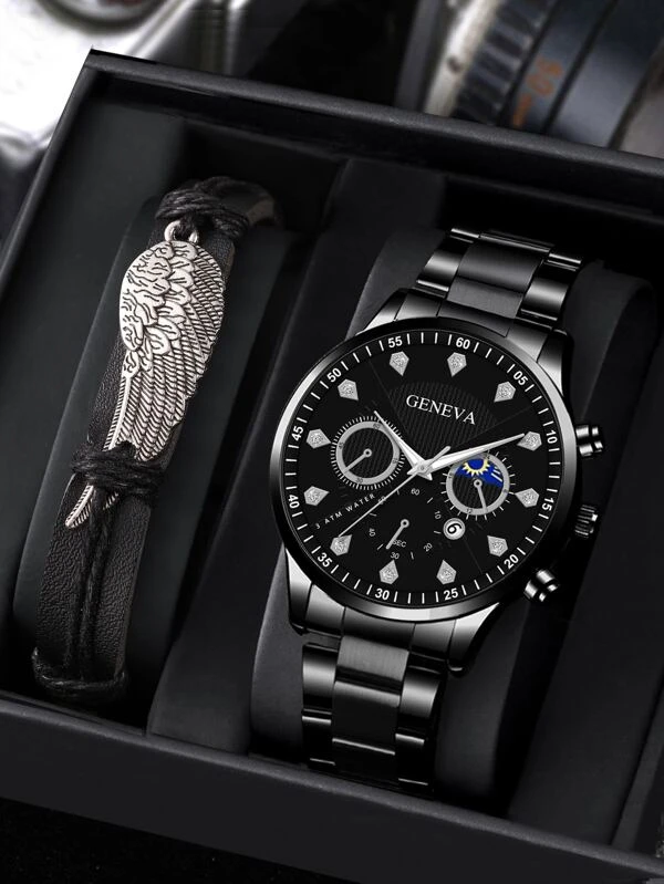 นาฬิกาข้อมือ เครื่องควอตซ์ 1 ชิ้น ผู้ชาย สไตล์มินิมอล หน้าปัดกลม และ สร้อยคอ 1 ชิ้น  น-0163