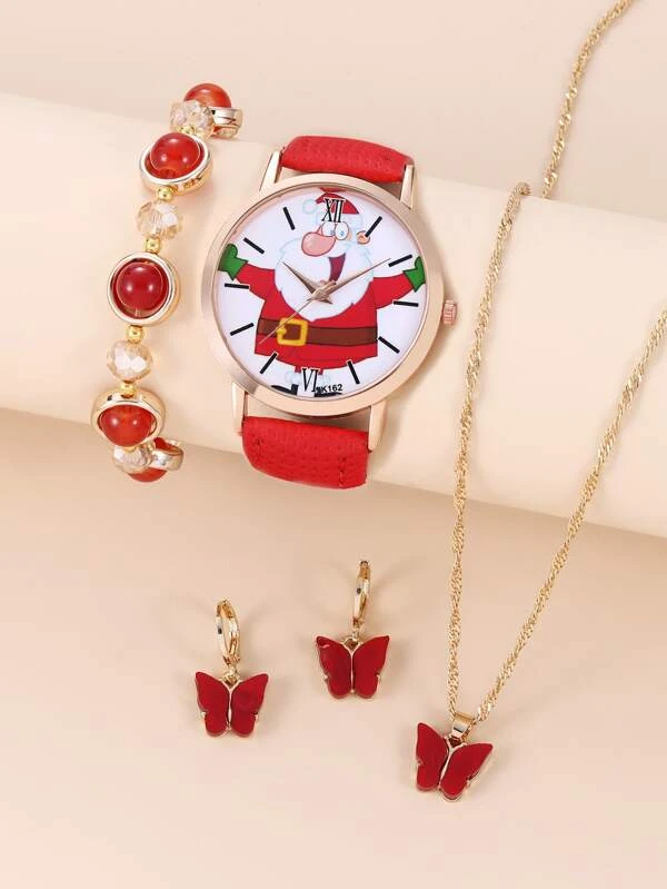 นาฬิกาข้อมือ เครื่องควอตซ์ ลายคริสต์มาส 1 ชิ้น หน้าปัดกลม และ เซตเครื่องประดับ 4 ชิ้น  น-0155