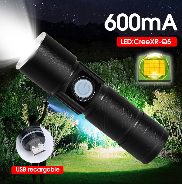 TH14-ไฟฉาย LED USB แบบพกพา มีประสิทธิภาพ กันน้ํา / มีแบตเตอรี่ แบบชาร์จไฟได้ ไฟฉายซูมได้ ติดทนนาน
