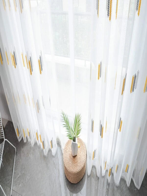 ผ้าม่าน ผ้าโปร่ง ข้าวสาลี เย็บปักถักร้อย  ผ134