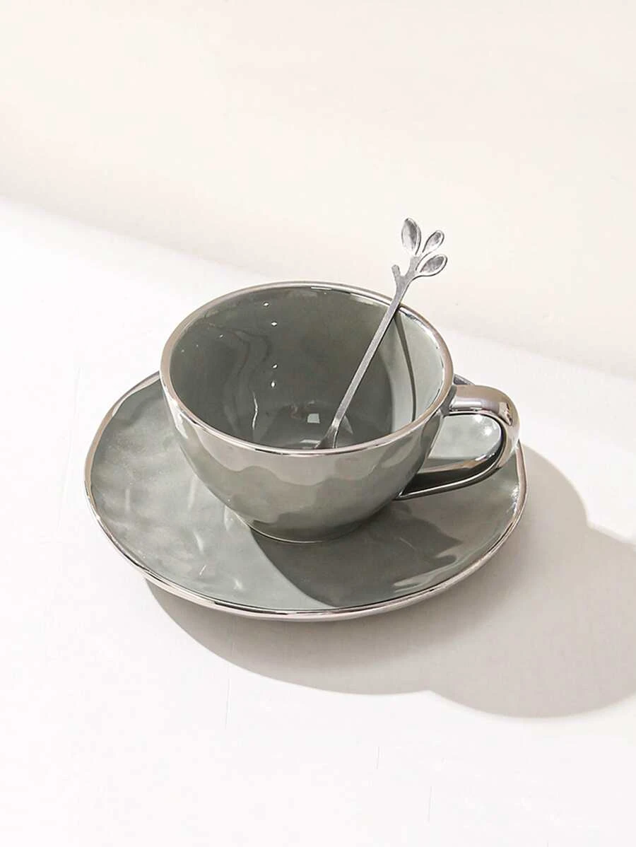 แก้วมัค 1 ชิ้น ลายคราม และ ที่รองแก้ว และ ช้อน นอร์ดิก สีเทา มีเท็กซ์เจอร์ แก้วกาแฟ และ ช้อน และ จาน สำหรับ โต๊ะ  oo-120