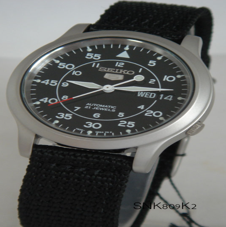 H85-seiko ออโต้ 7s26 รุ่นใหม่มีหน้า 4 สี ดำ น้ำเงิน เขียว ครีม สายผ้าร่ม SNK809K2