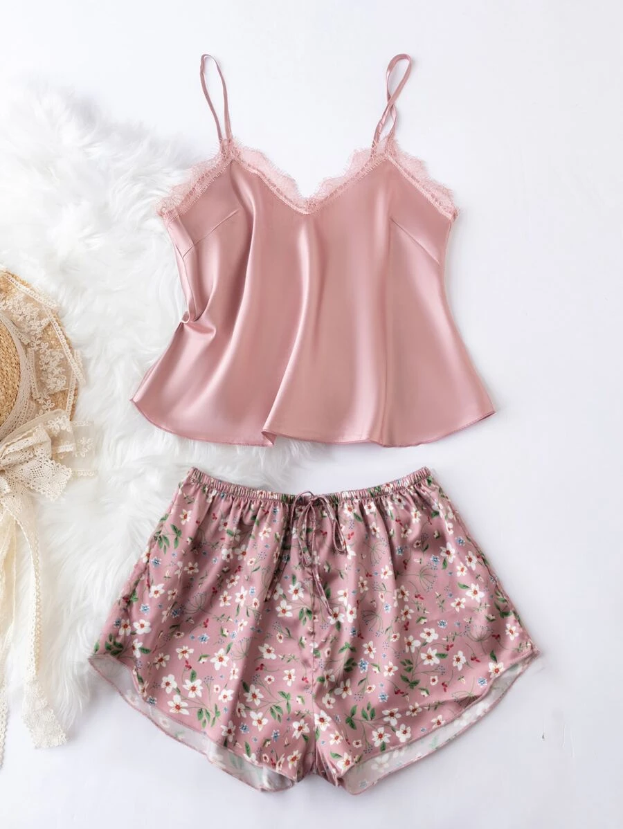 เซ็ต ชุดนอน พิมพ์ลาย ดอกไม้ รายละเอียด ลูกไม้ ผูกโบว์หน้า ผ้าซาติน  bb-39