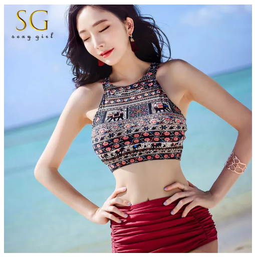 S31 SG ชุดว่ายน้ำผู้หญิง แฟชั่นลายช้างไทย เอวสูง สวยและเซ็กซี่ มีเอกลักษณ์ มีให้เลือก2 สี-BIKIGIRL2126