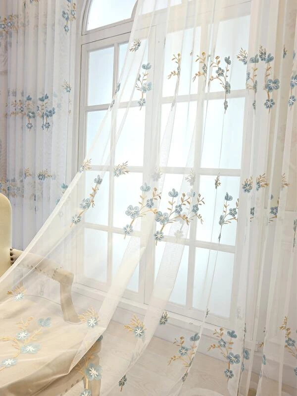 ผ้าม่าน ผ้าโปร่ง ปักดอกไม้  017