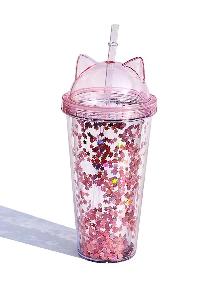1 ชิ้น แก้วใส ประดับ เลื่อม , ถ้วยมีหลอด สีชมพู น่ารัก สำหรับ เด็กผู้หญิง pp-36