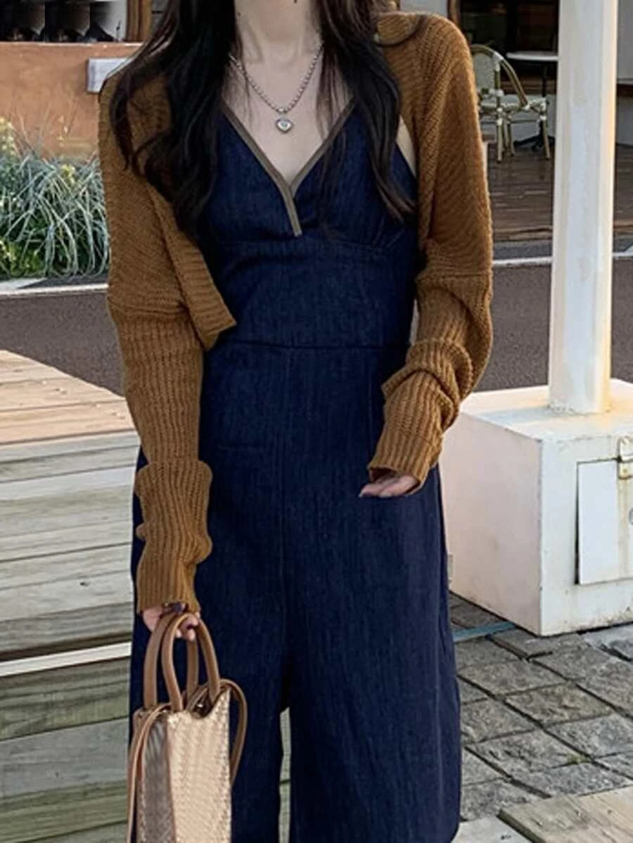 เสื้อคาร์ดิแกน ครอป สีพื้น ไหล่ตก  i-73