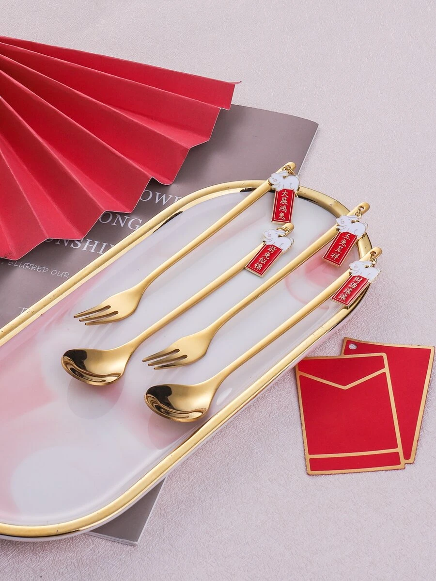 ส้อม 2 ชิ้น ตรุษจีน ลายการ์ตูน ลายกระต่าย และ ช้อน 2 ชิ้น  hh-30