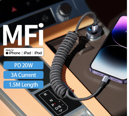GE138-20W MFI Spring USB Type C to Lightning for Car Styling Storage Flexible 2.4A Charging Cable USB C for iPhone 14 13 Pro Max Model: 90480