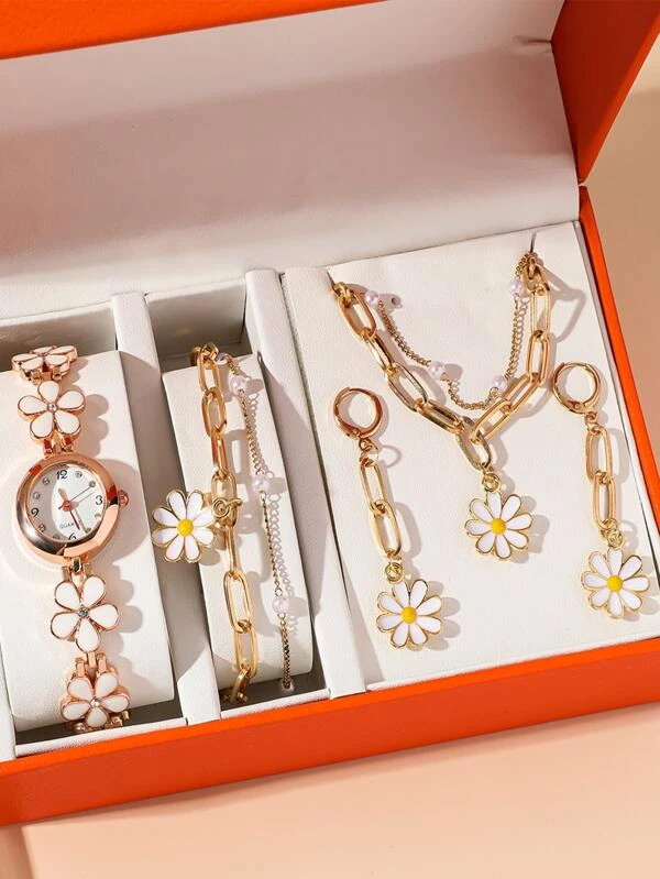1 ชิ้น ตกแต่ง ดอกไม้ นาฬิกาควอตซ์ & 5 ชิ้น ชุดเครื่องประดับ  น-0194