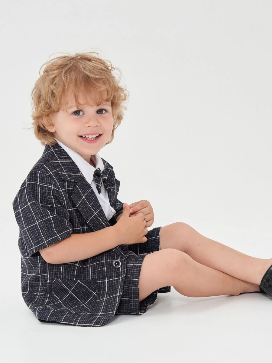 เด็กผู้ชาย เสื้อสูท ลายสก็อต รายละเอียด โบว์ & กางเกงขาสั้น ไม่มีเสื้อ b-8