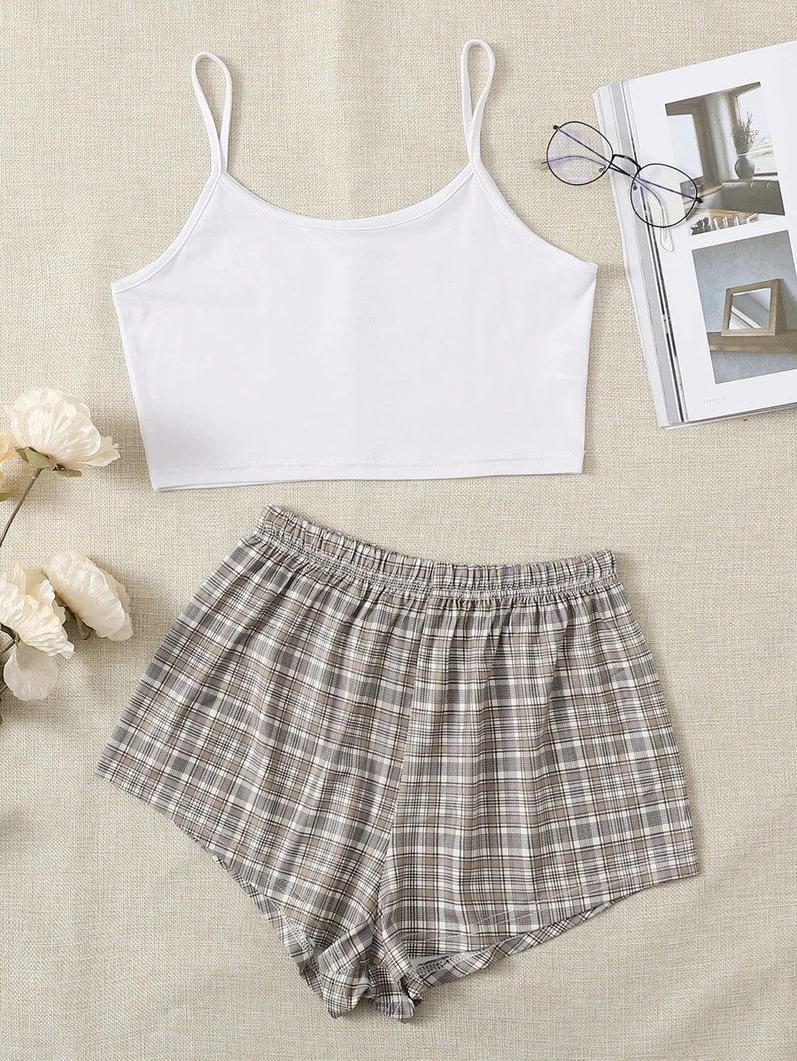 เสื้อสายเดี่ยวครึ่งตัว & ทาร์ทัน กางเกงขาสั้น เซ็ต ชุดนอน  bb-62