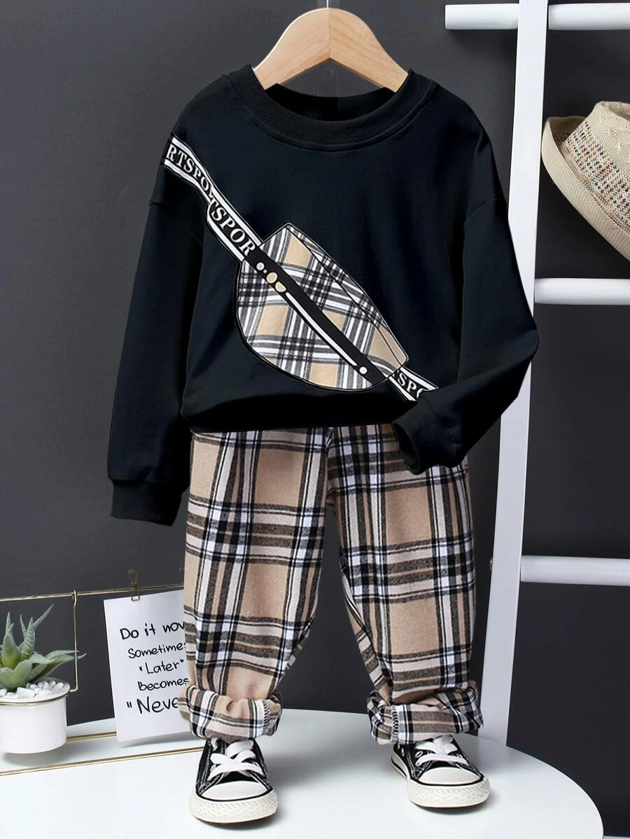 เด็กผู้ชาย ตัวอักษร และ ลายพิมพ์ กระเป๋า ไหล่ตก เสื้อสวมหัว & ลายสก็อต กางเกงวอร์ม b-27